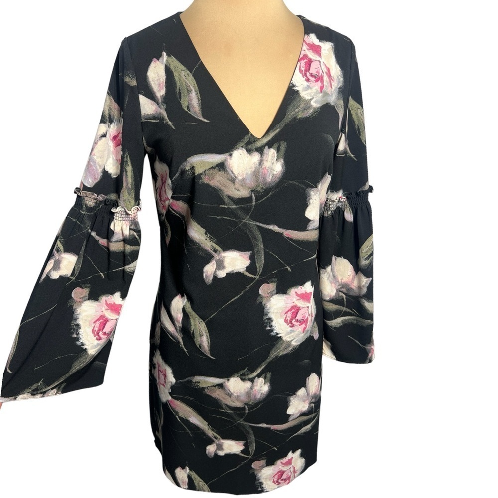 White House Black Market black pink floral bell sleeve shift dress size 8 - Picture 4 of 9